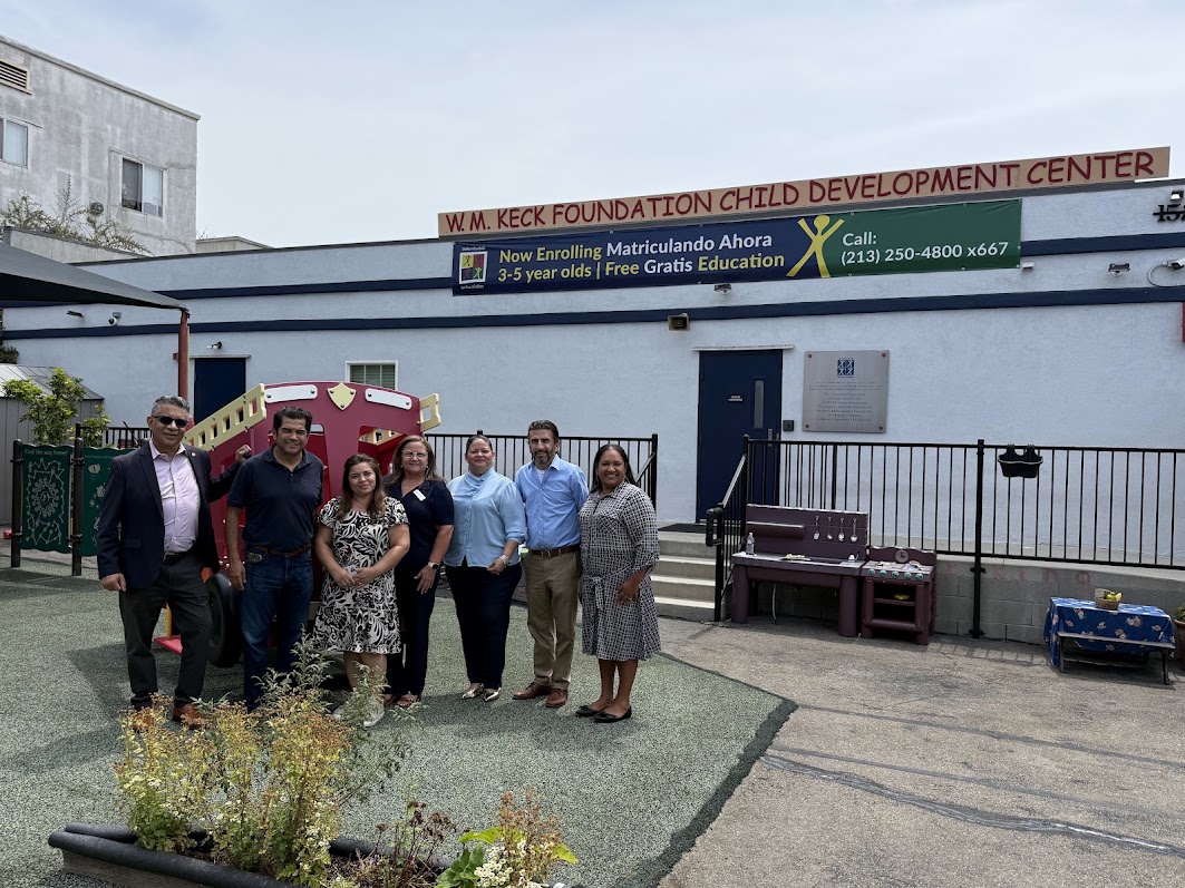 (Left to right): Luis Bautista, Head Start and Early Learning Division Executive Director (LACOE), Rep. Jimmy Gomez (CA-34), Katherine Nelson, Vice President of Student Success (PLN), Lorena Rodriguez, Managing Director, Early Education (PLN), Drew Furedi, President and CEO (PLN), Sarah Figueroa-Freeman, Executive Vice President & Chief Operating Officer (PLN)